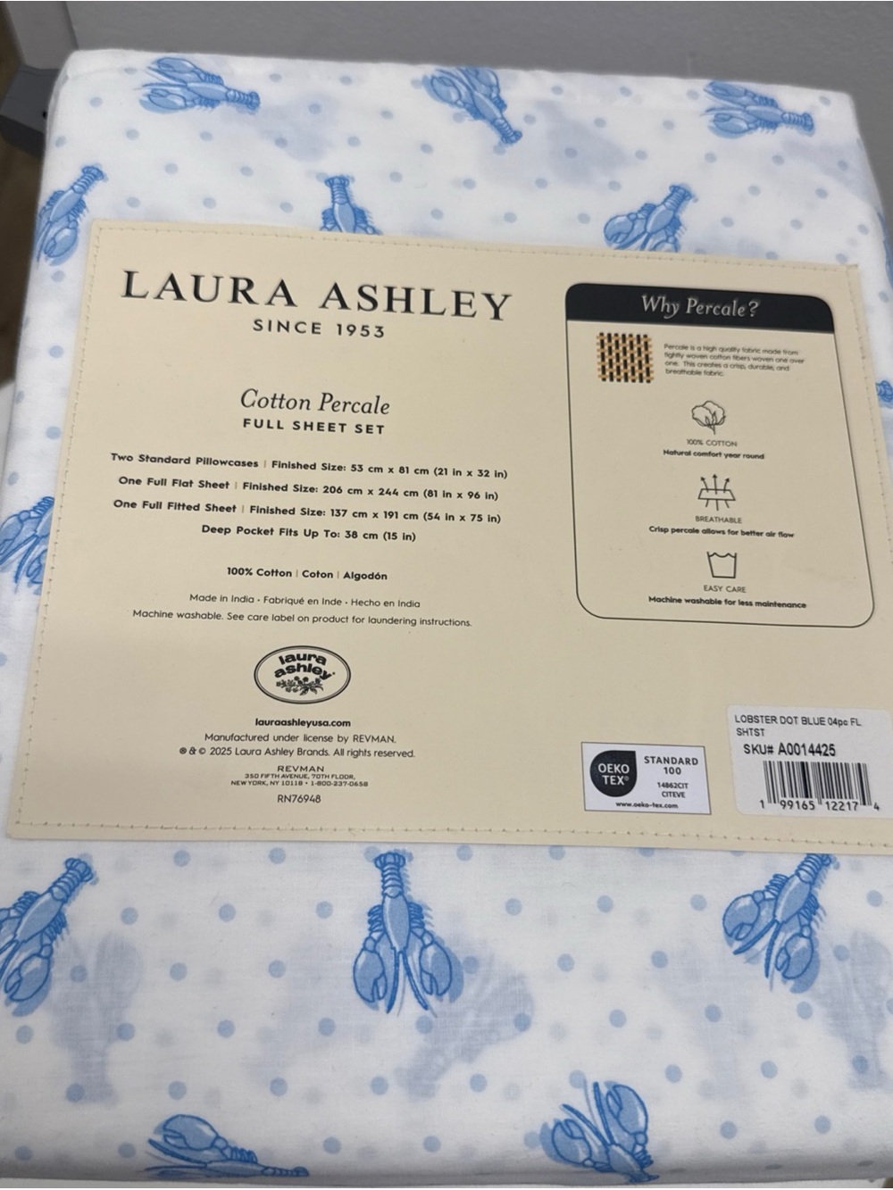 Laura Ashley White and Light Blue Cotton Percale Full Sheet Set
